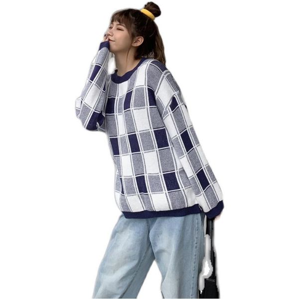

autumn and winter bottoming long sleeve sweater thickened sweater pullover check versatile, White;black
