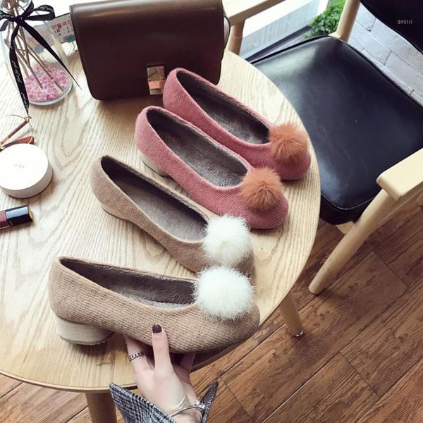 

fur ball decorate mary janes ladies korean round heel pumps women flock shallow slip on single shoes woman zapatos mujer1, Black