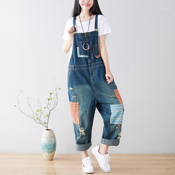 

spring women vintage print jeans jumpsuit casual loose ripped denim overalls women adjustable strap elegant jumpsuit streetwear1, Black;white