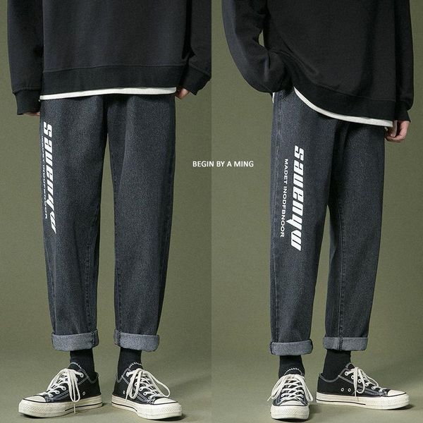 

men's jeans cotton washed overalls casual daddy pants denim trousers printed letters straight cowboy hip hop fall winter, Blue