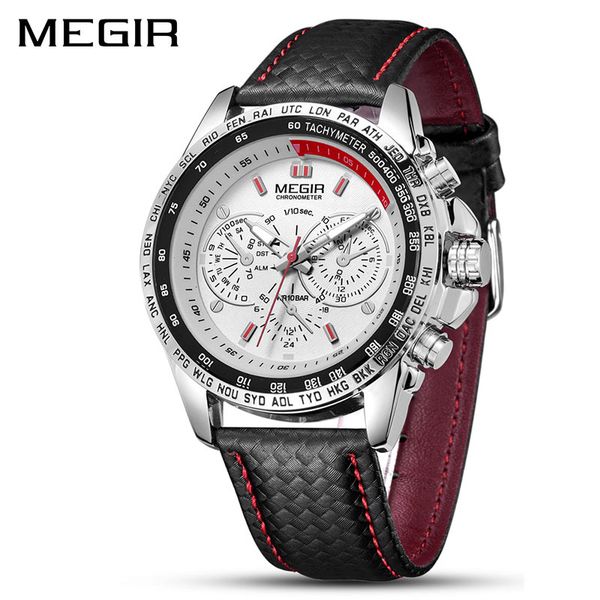 

megir mens watches brand luxury quartz watch men fashion casual black leather strap clock big dial sport watch erkek saat x0524, Slivery;brown