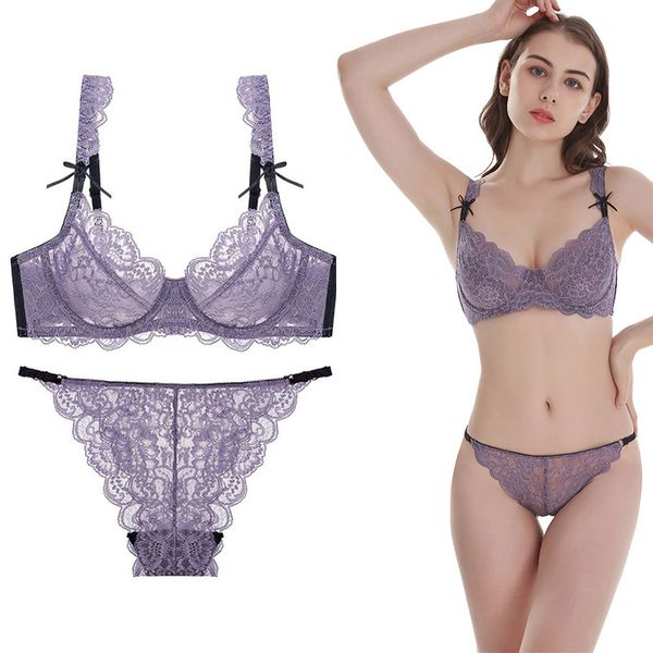 

plus size bra lace underwear unlined hollow 3/4 cup underwire a b c d dd e cup bra set 32 34 36 38 40 42 44 c1211, Black;white