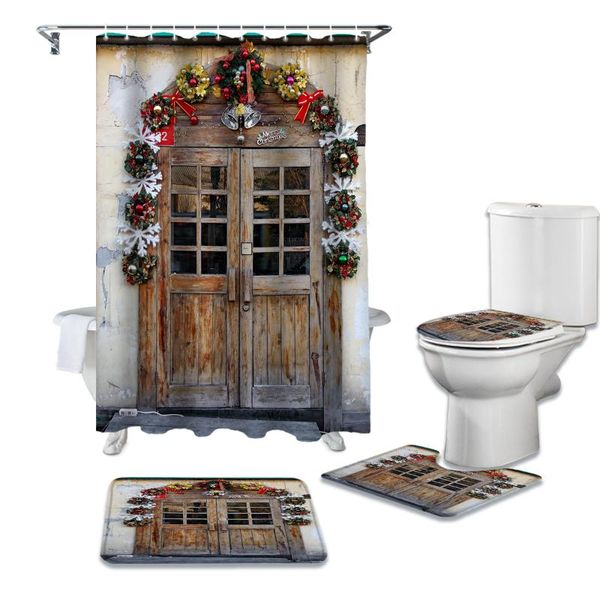 

bathroom shower curtain and rug sets merry christmas rustic door toilet lid cover bath mat waterproof shower curtains set