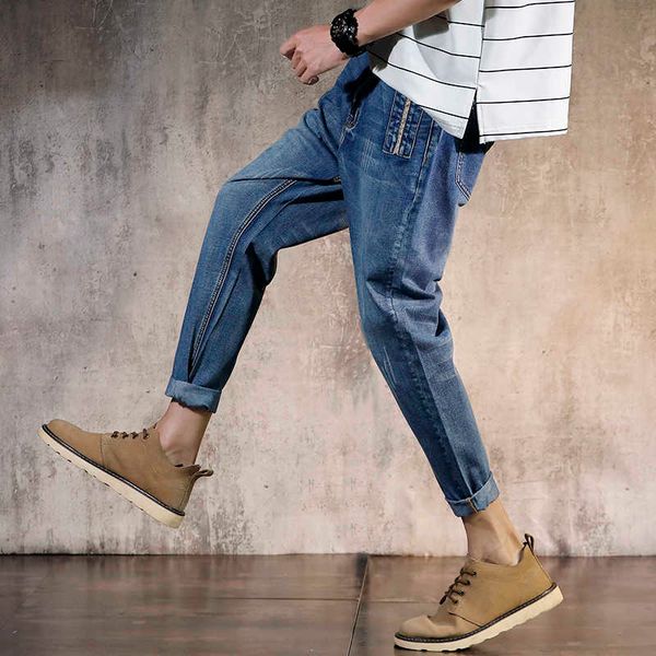 

2021 summer men's casual blue ankle-length fashion jeans mid waist pants harem no elastic trousers plus size 28-42