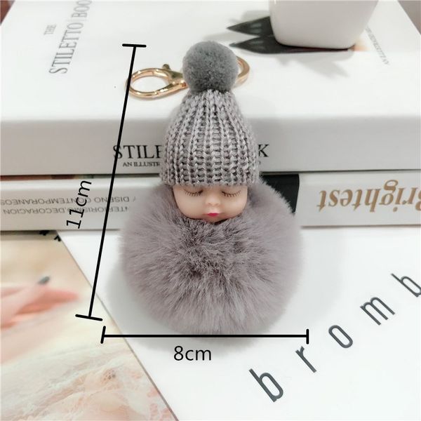 

keychain fake sleeping rabbit doll fur ball pompom car keyring baby chain women key holder bag pendant jewelry, Silver