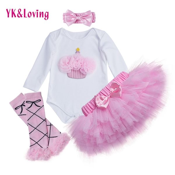 

birthday cake baby girl clothing set newborn cotton bodysuits+pink tutu skirt+leg warmers+headband 4pcs/sets infant clothes y200803, White
