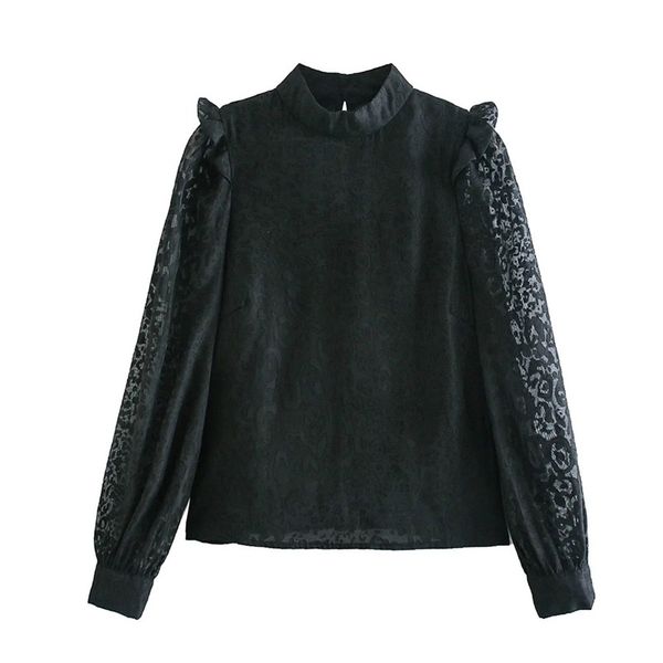

2021 new vintage loose spliced leopard pattern blouses women fashion elegant ladies buttons dot mesh sleeve, White