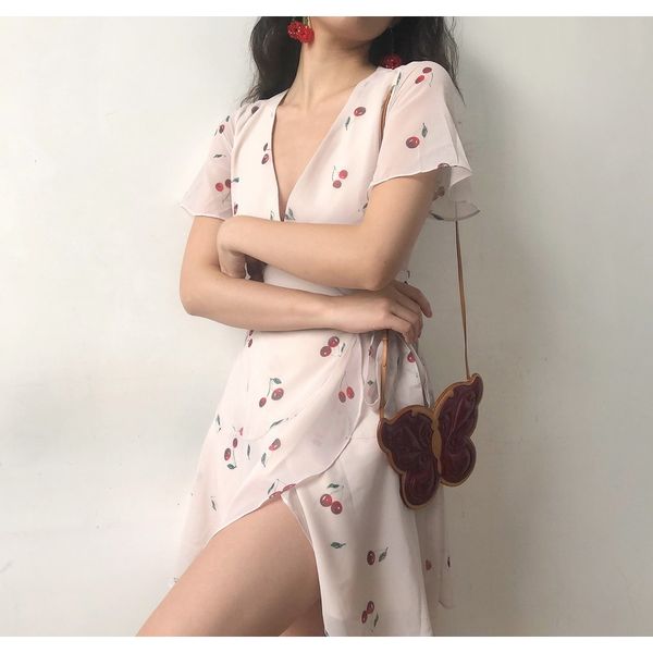 

schinteon new cherry print dress chiffon a line v neck with belt slim summer short sleeve mini dresses f bbymbv, Black