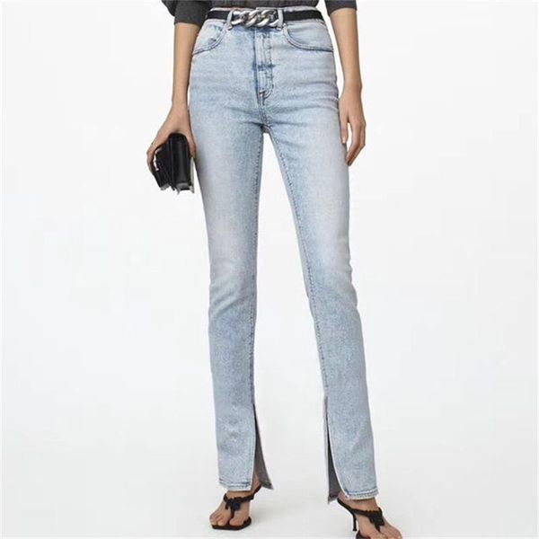 

zipper fashion wild lady denim pants high waist women jeans slit simple, Blue