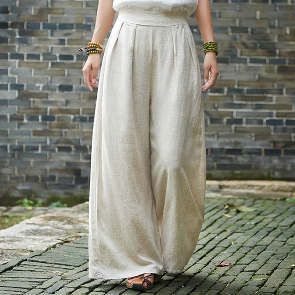 

johnature women wide leg pants cotton linen trouser japan style solid color pants elastic waist new vintage plus size pants 201109, Black;white