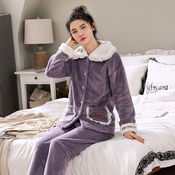 

2021 new women autumn winter flannel pajamas set thick style sleepwear buttons female down collar solid homewear jxhi, Black;red