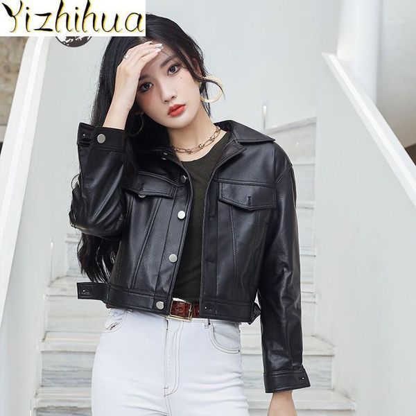 

spring women sheepskin coat motorcycle short jackets female genuine leather jacket long sleeve single breasted biker outerwear1, Black