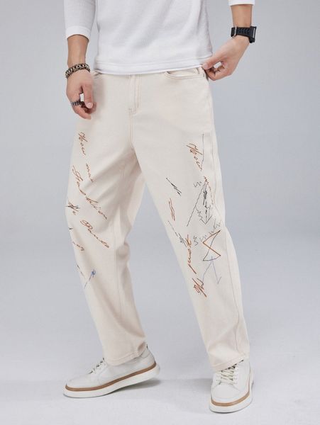 

men letter graphic tapered jeans 01db#, Blue