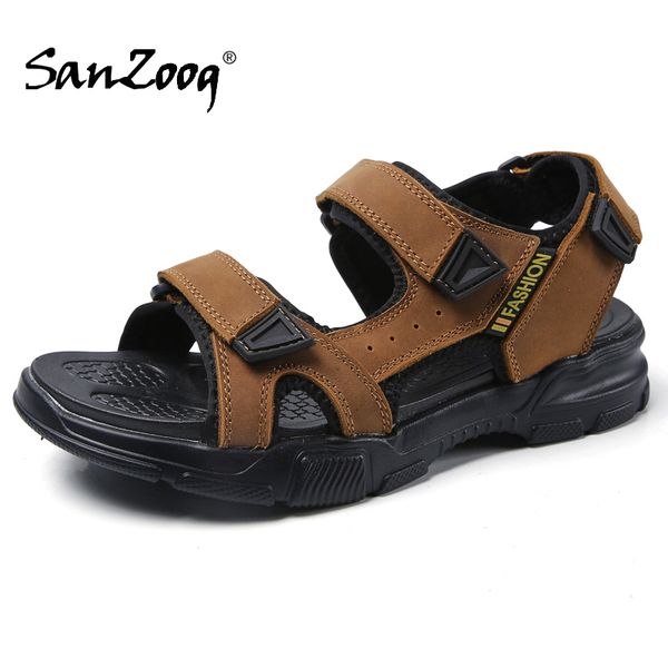 

summer leather sandals men beach casual sandles mens sandal sandale homme cuir veritable sandalias hombre cuero outdoor comfort t200420, Black