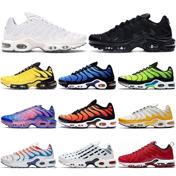 

2021 men tn running shoes triple black white psychic blue bright spray paint frequency pack mens trainers sports sneakers 40-47, White;red