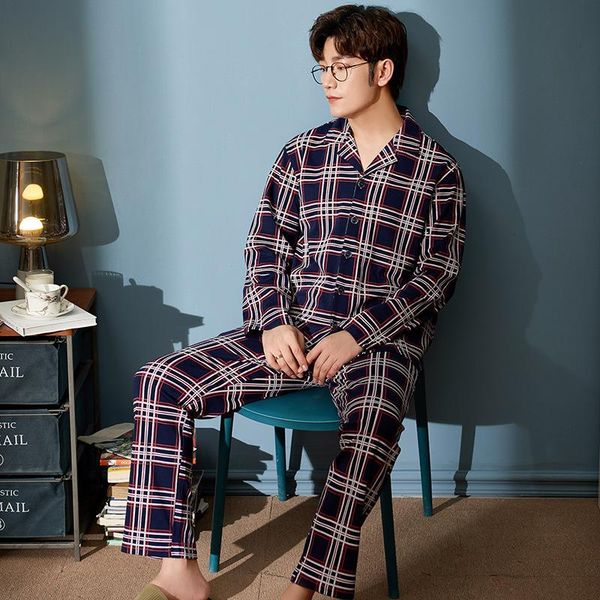 

winter long sleeve leisure nightie melifle autumn all-cotton men's pajamas sets plaid turn-down collar oversize loose sleepwear, Black;brown