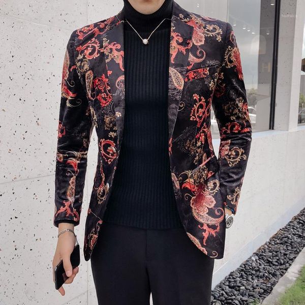 

luxury men's club prom suit blazer 2021 fashion designer floral printing blazer men slim fancy plus size 5xl1, White;black