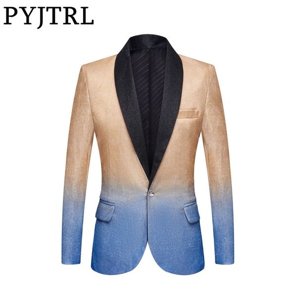 PYJTRL Moda uomo Sfumatura di colore Oro lucido Blu Champagne Rosa Nero Slim Fit Blazer Stage Cantante Abito da ballo Giacca 201104