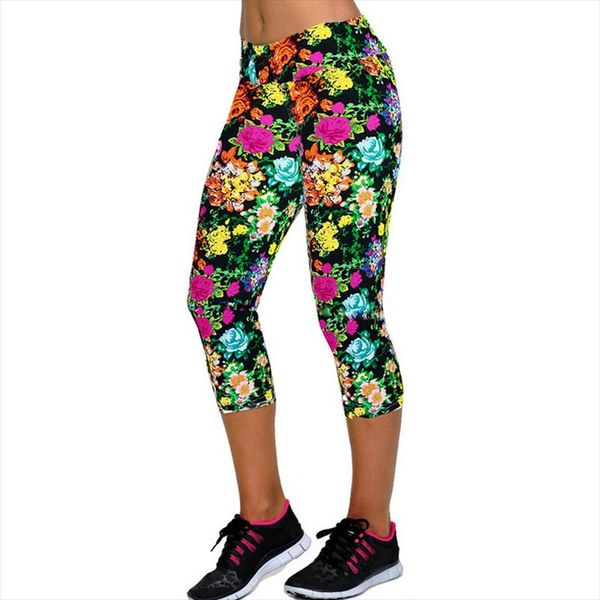 

new elastic capri high waist flowers print plus size mid calf 3 4 stretch women leggings for summer, Black;white