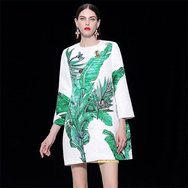 

svoryxiu fashion runway winter jacquard loose long coat women's gorgeous crystal beading banana leaf printed big size overcoat 201031, Tan;black