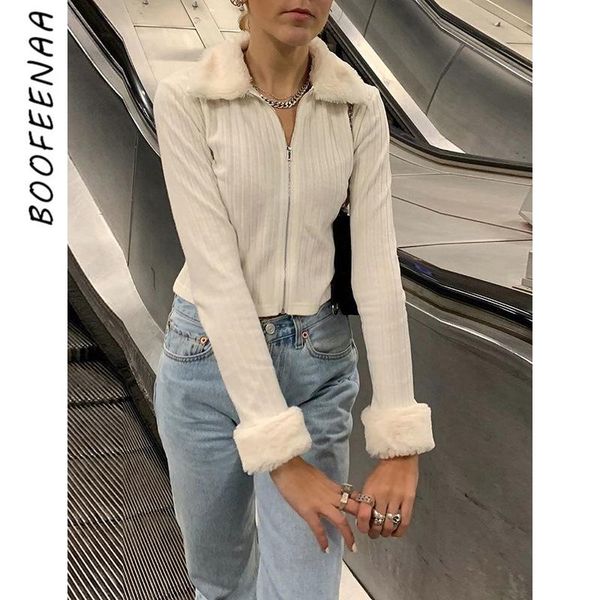 

boofeenaa fashion women knit sweater cardigan fitted faux fur turn down collar zip up long sleeve crop jacket c94-cc25, White