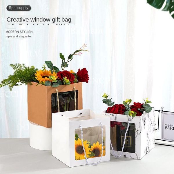 

12pcs square transparent window gift bag creative birthday flower packaging paper bag with hnadle potted plants packing bags1