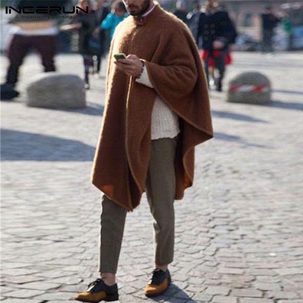 

incerun winter fashion men trench stand collar solid color cloak cape streetwear punk style jackets men windbreaker coats 2021, Tan;black