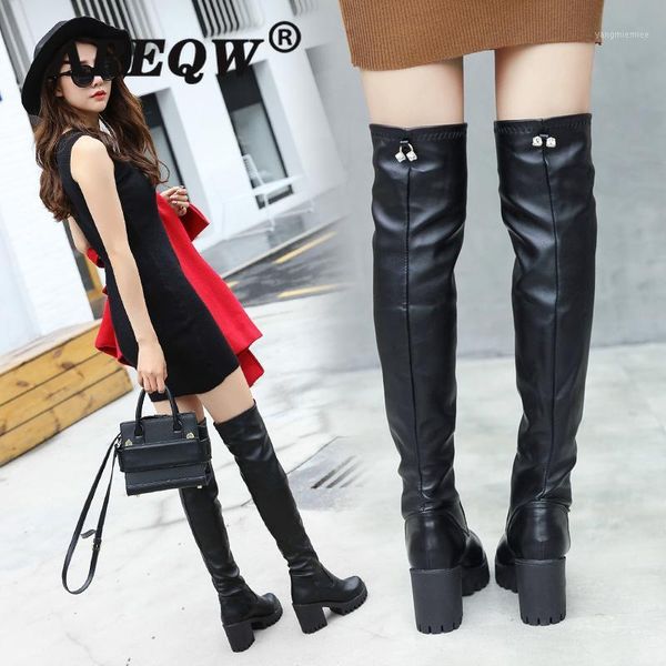 

new women's resiliency pu leather over the knee boots slip high heel platform thigh boots ladies fashion shoes1, Black