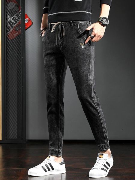 

men's jeans fashion side stripe men gray black denim trousers streetwear embroidery drawstring slim fit pencil pants, Blue