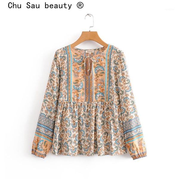 

chu sau beauty new 2020 boho chic floral print blouses women holiday style fashion long sleeve shirts female camisa de moda1, White