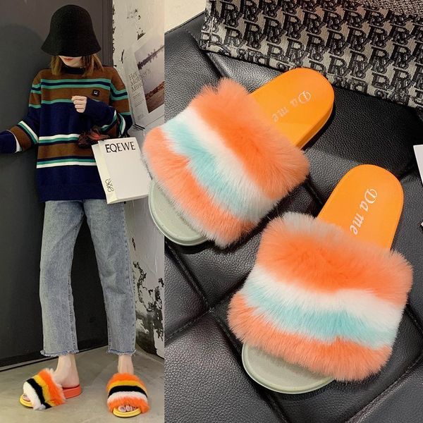 

fox fur slippers women home fluffy sliders comfort summer flats rainbow colors sweet ladies shoes female furry indoor flip flops x1020, Black