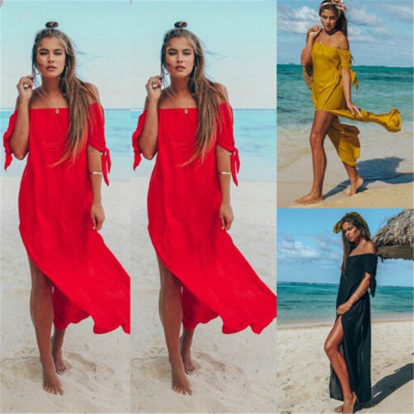 

off shoulder women beach dress swim suit middle sleeve solid beach cover up summer maxi beach dresses for women swimsuits t200708, Black;gray