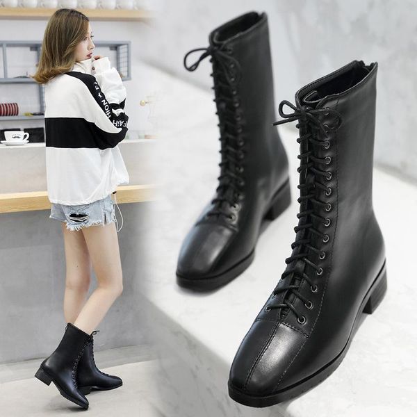 

boots women new 2020 luxury designer autumn shoes flat heel winter footwear round toe fashion rubber mid calf elegant, Black