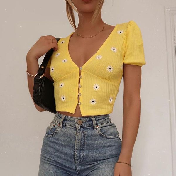 

waatfaak floral embroidery elegant yellow tshirts women knitted cropped t shirt korean style summer tee shirt kawaii shirts 20201, White