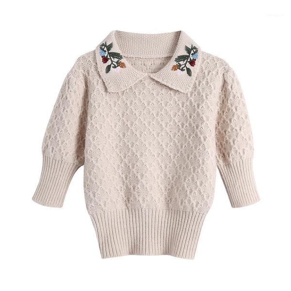 

blsqr fashion vintage floral embroidery knitted sweater vintage lapel half sleeve female pullovers chic short 1, White;black