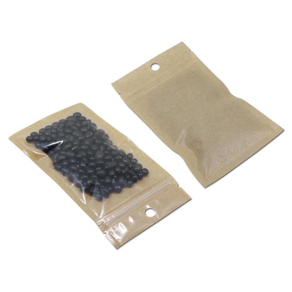 

100pcs lot reclosable clear brown plastic kraft paper zip lock package bag heat seal food zipper packing pouch with hang hole h bbyljo