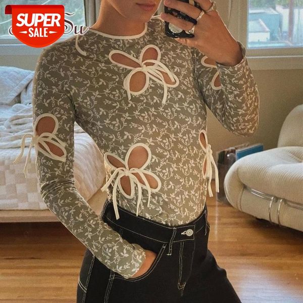 

artsu autumn vintage butterfly hollow out bandage long sleeve t-shirts streetwear print o-neck green y2k fashion ts52620 #w28l, White