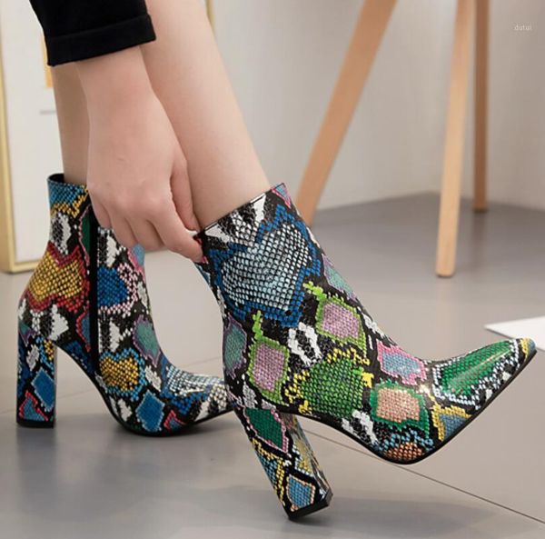 

mhyons colorful snake skin boots women high heel thick boot snakeskin pointed toe zip shoes female slouch boots pleated winter1, Black