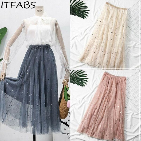 

new women high waist pleated skirt long skirt swing star moon tulle dresses1, Black