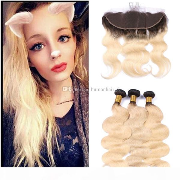 

body wave 1b 613 blonde hair with frontal closure two tone ombre blonde hair bundles with ear to ear frontal 4pcs lot, Black;brown
