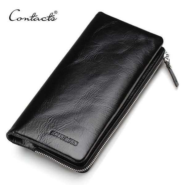 

contact's 2020 new classical genuine leather wallets vintage style men wallet fashion brand purse card holder long clutch wallet c1115, Red;black