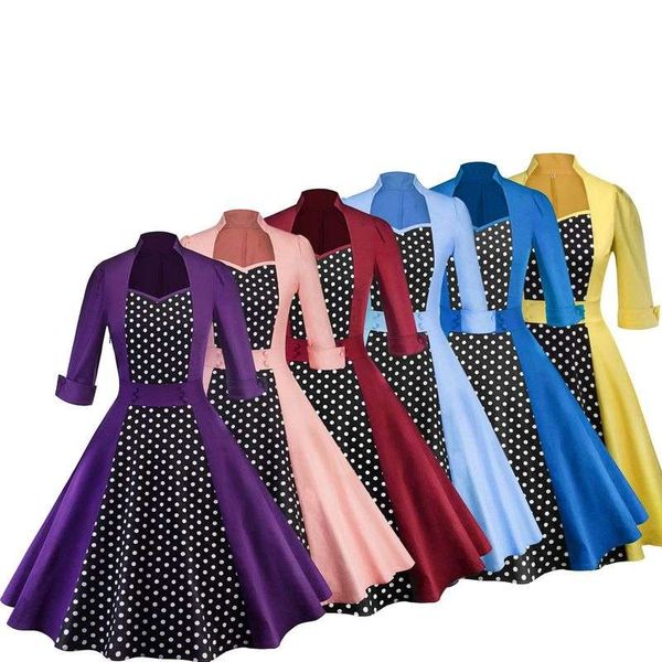 

rise stand collar hepburn polka dot print 50s 60s waist swing dress, Black;gray
