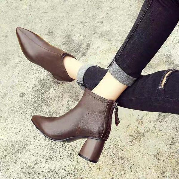 

women boots high heels ankle boot woman 2020 winter shoes plush pointed toe square heel back zipper female footware black coffee