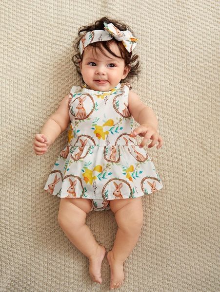 

baby fruit & rabbit print combo bodysuit dress & headband she, Red;yellow