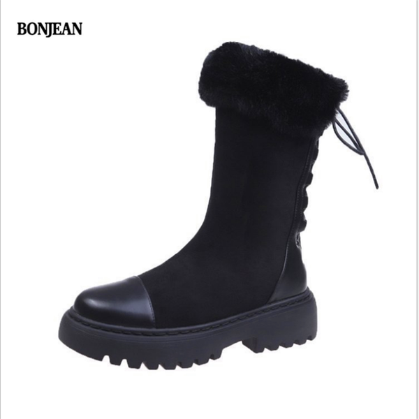 

boots winter 2021 snowshoes for women with vintage british flat strap a bottom and fleece to keep warm, Black