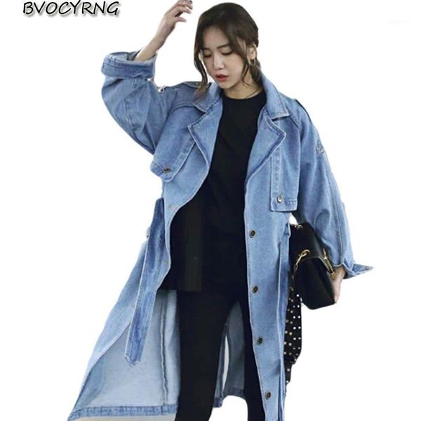 

2020 leisure denim jacket for women coat female spring long sleeve loose outerwear long women's windbreaker witn belt k00571, Tan;black