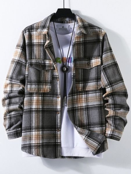 

men tartan flap pocket wool-mix jacket m9zu#, Black;brown