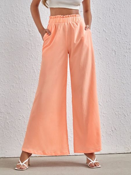 

paperbag waist wide leg pants k75w#, Black;white