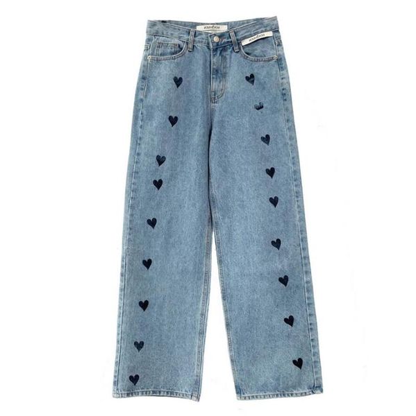 

2021 spring autumn winter fashion love printed jeans women high waist loose casual denim trousers female wide leg pants s400, Blue