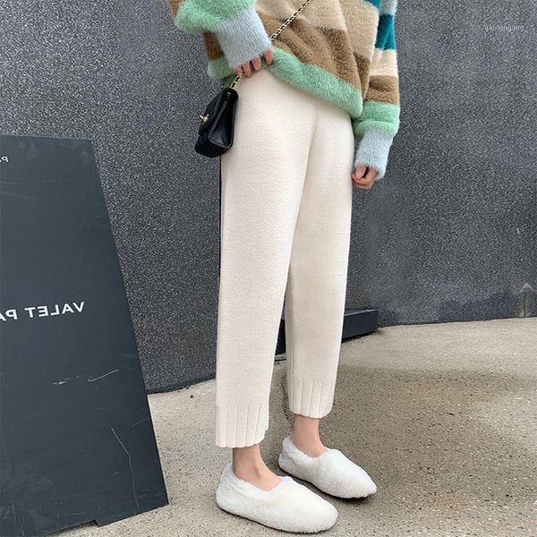 

casual thick warm sweater pants for women autumn winter female elastic knitted harem pants 2020 ladies loose trouser1, Black;white